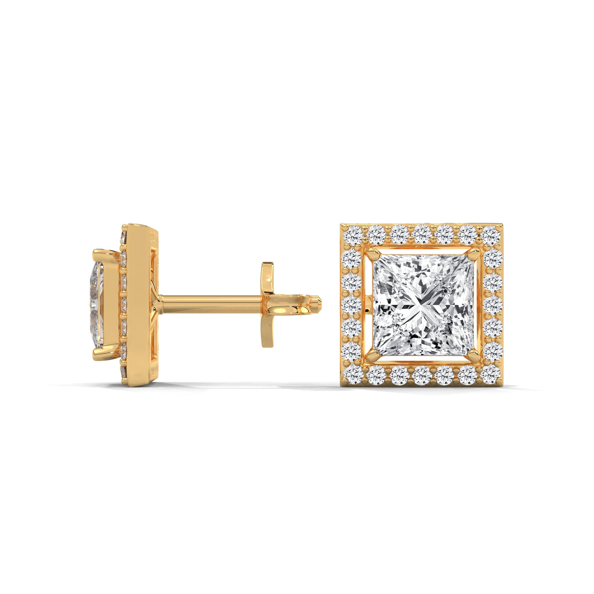 1 CARAT PRINCESS SHAPE WITH HALO STUDS EARRINGS