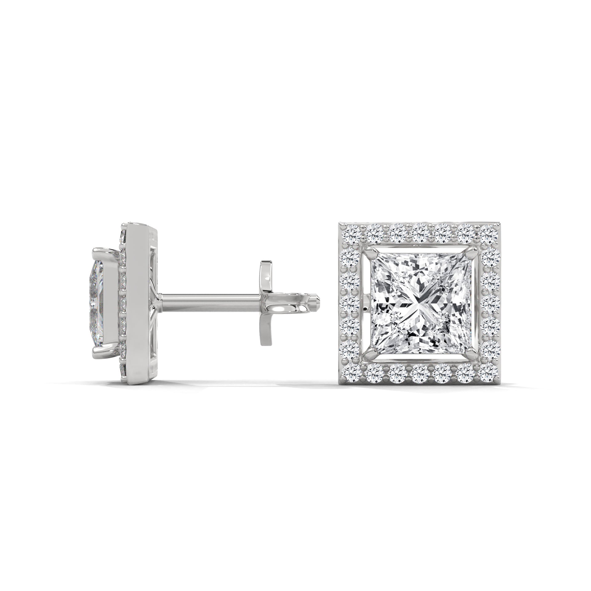 1 CARAT PRINCESS SHAPE WITH HALO STUDS EARRINGS