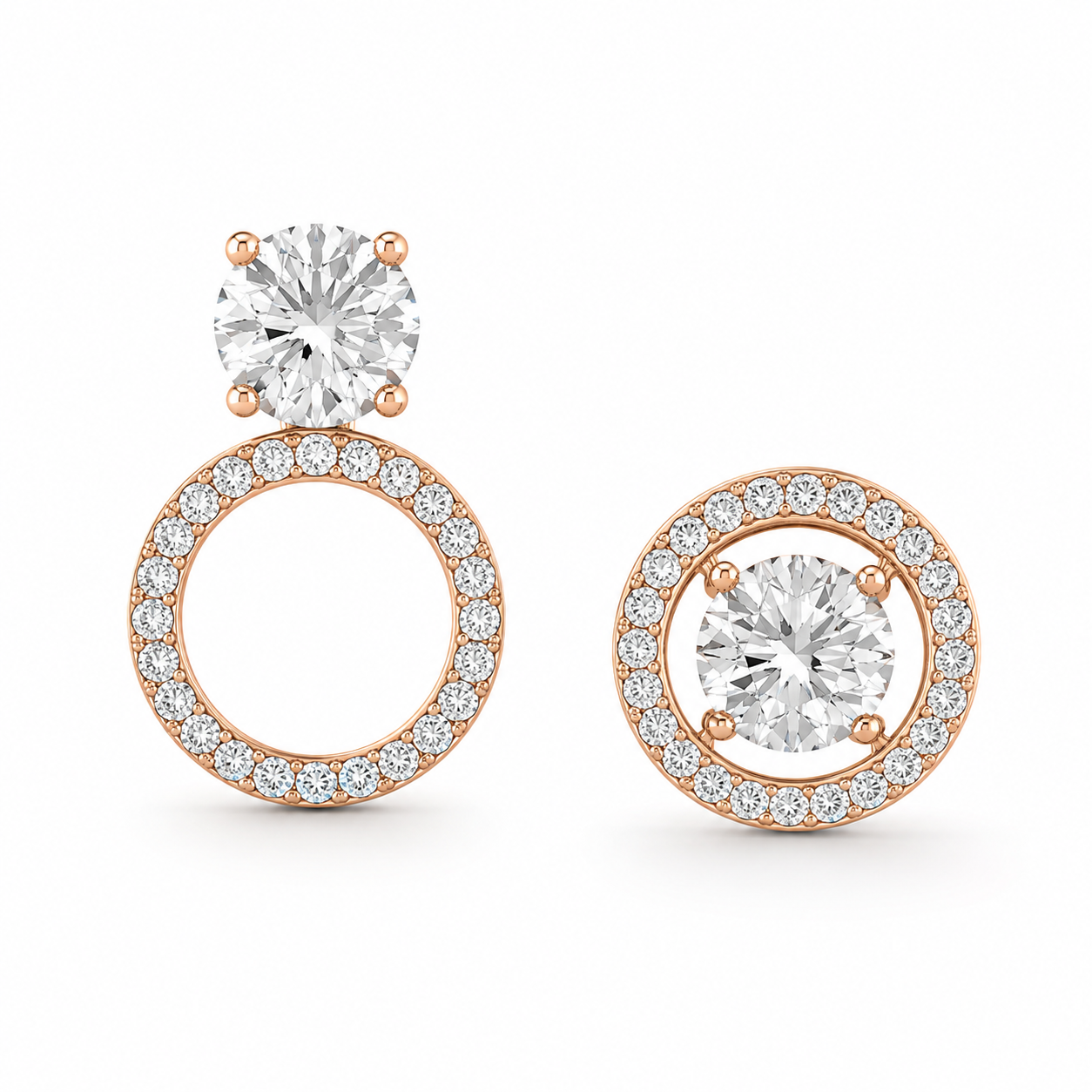 3-in-1 Solitaire Halo Lab Grown Diamond Stud Earrings | Convertible Round Drop Earrings