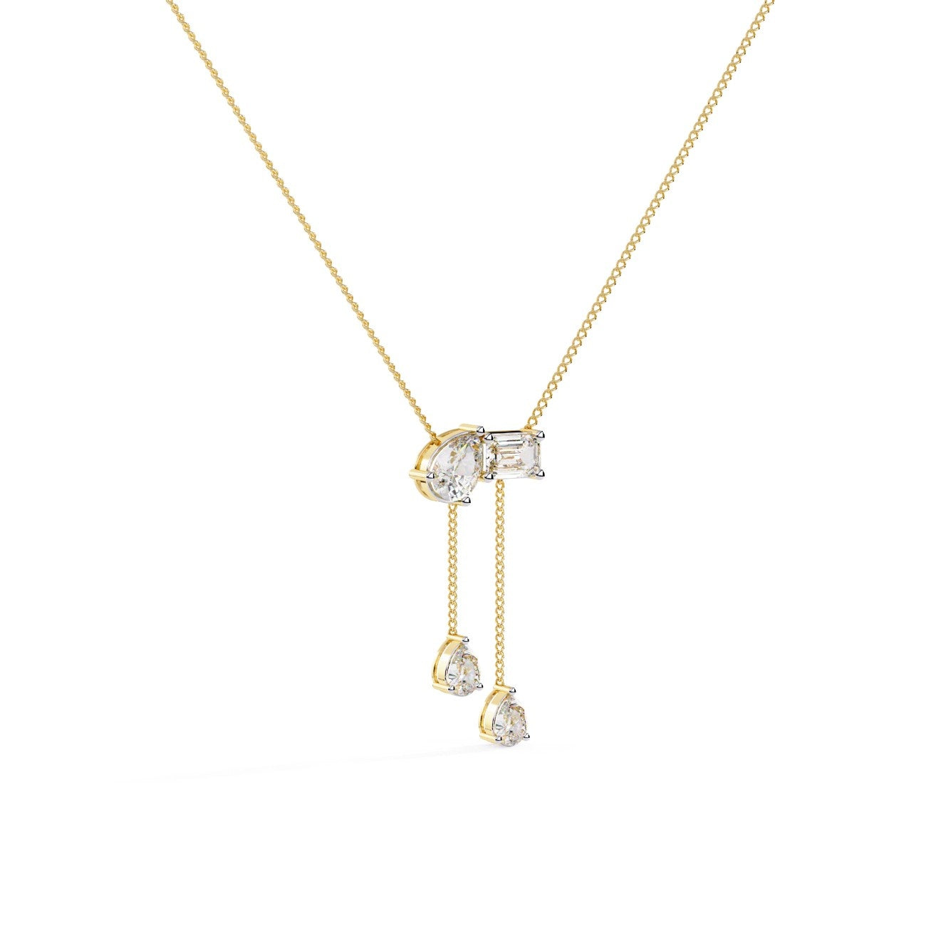 Elegant Emerald Diamond with Two Pear Diamond Drop Necklace