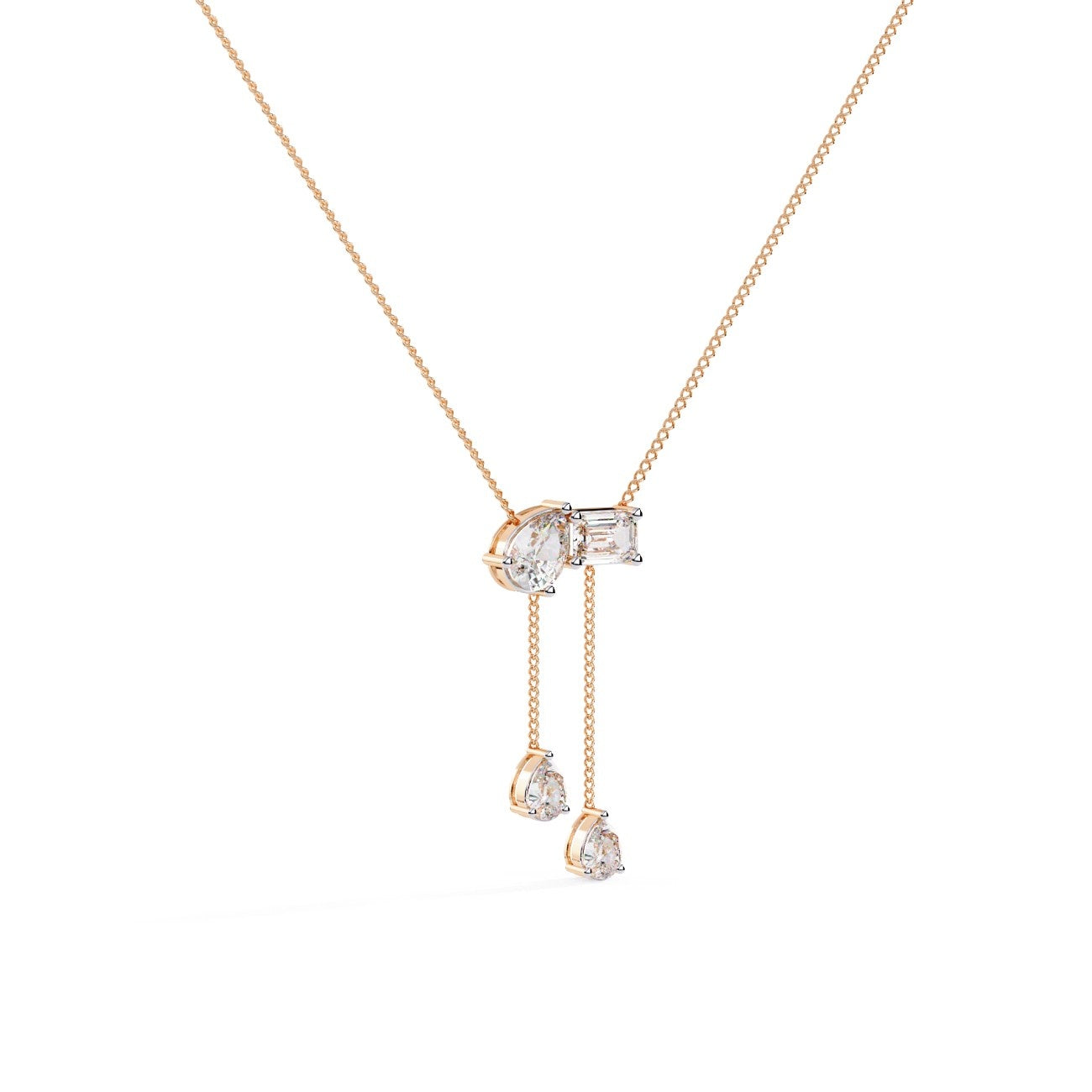 Elegant Emerald Diamond with Two Pear Diamond Drop Necklace