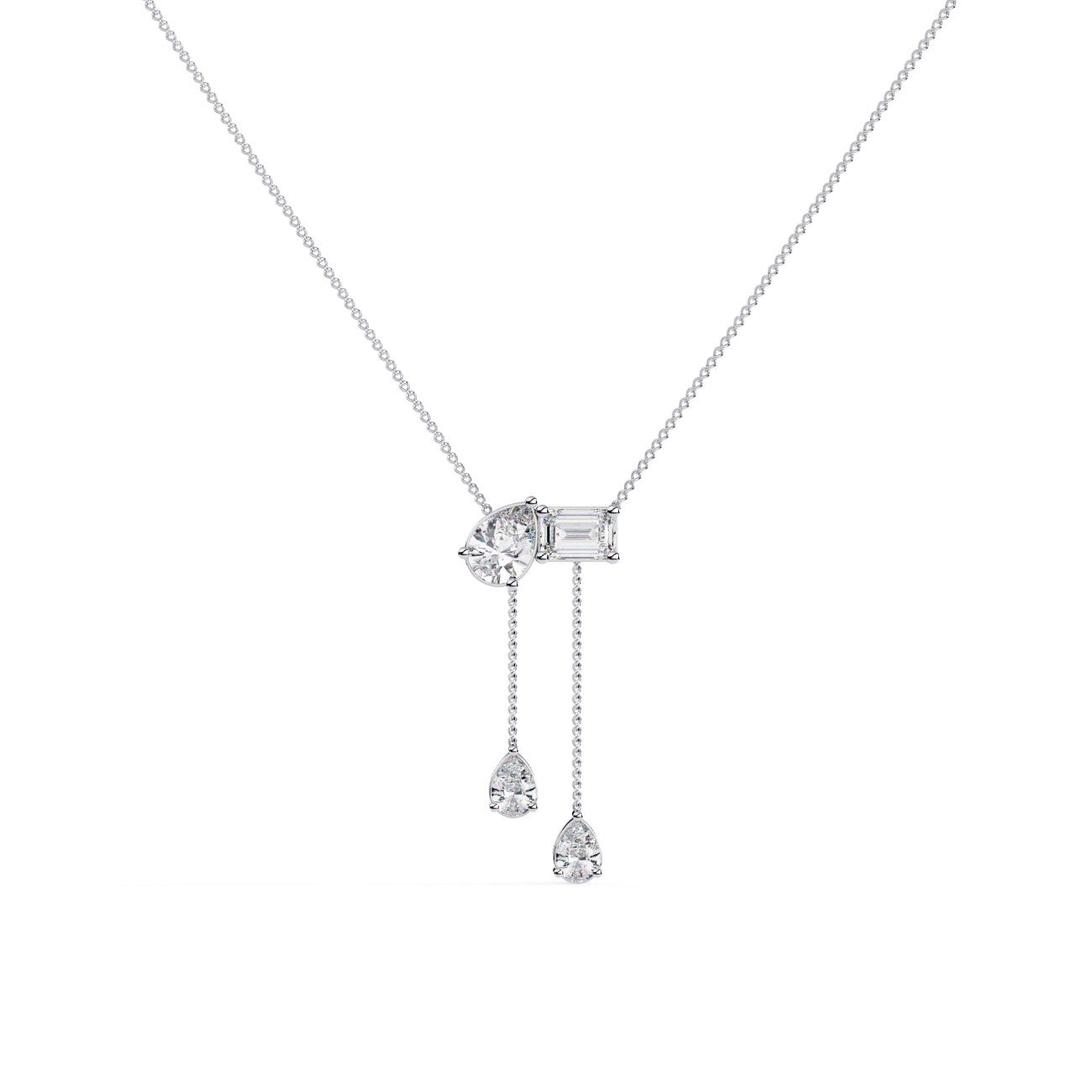 Elegant Emerald Diamond with Two Pear Diamond Drop Necklace