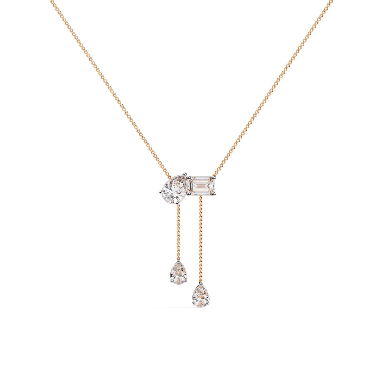 Elegant Emerald Diamond with Two Pear Diamond Drop Necklace