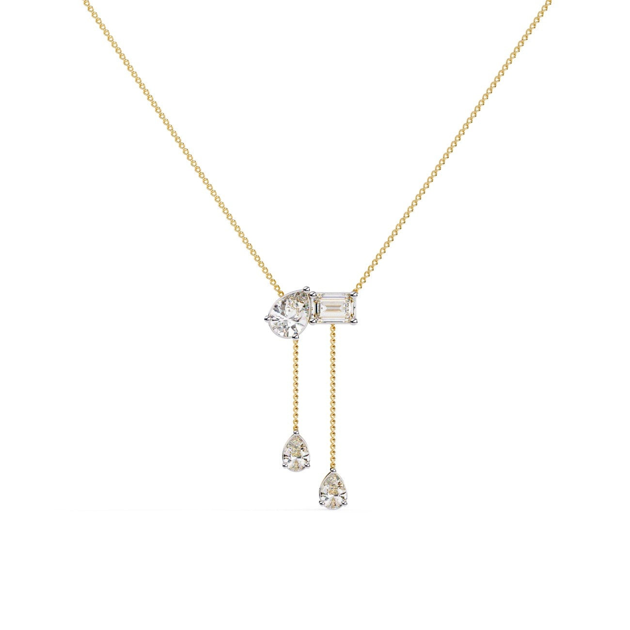 Elegant Emerald Diamond with Two Pear Diamond Drop Necklace