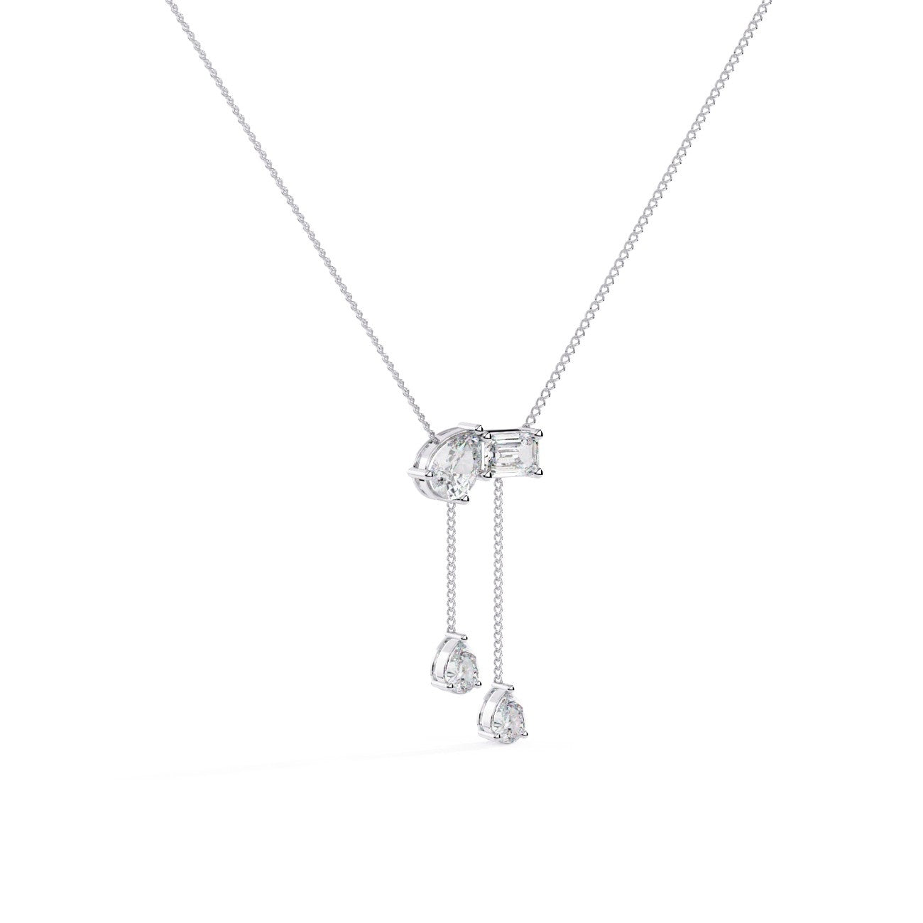 Elegant Emerald Diamond with Two Pear Diamond Drop Necklace